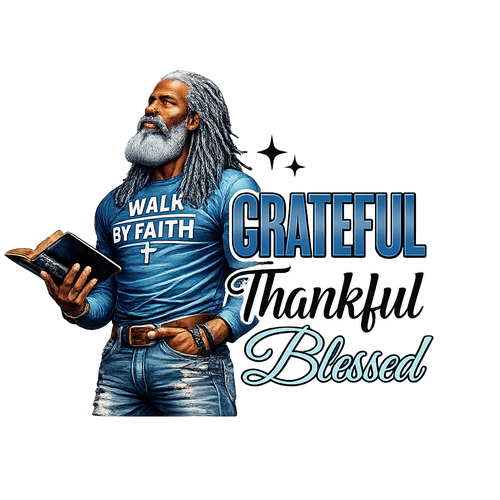 Man in 'Walk by Faith' shirt with 'Grateful Thankful Blessed' text